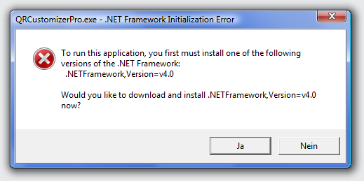 If Microsoft .NET 4 Framework is not installed, the installation program will be offered on the first program start. Click on Yes, you are directed to the Microsoft website to install it for free. Only after that QR Customizer Pro will work.