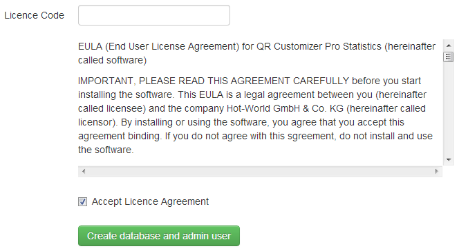 Enter license code and accept license agreement